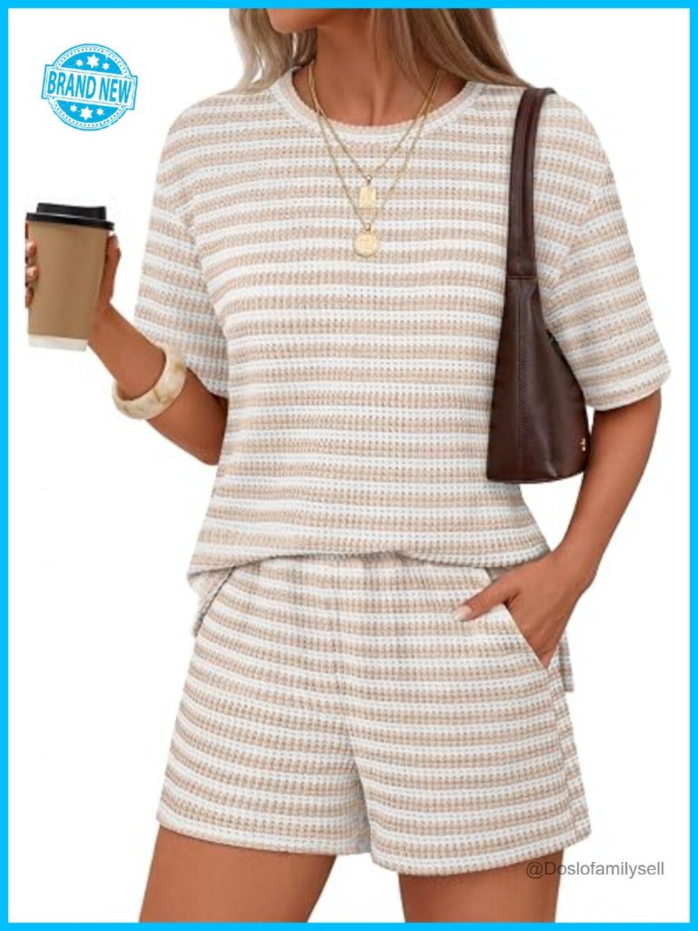 Striped Knit 2 Piece Lounge Set High Waisted Shorts Matching Travel Outfit